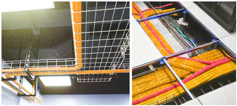 线缆铺设-迈锐电脑科技采用原装正品线缆，沿桥架或管道敷设，排列整齐，每隔一米用魔术扎带进行捆扎，便于维护。